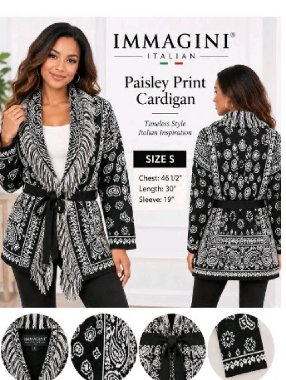 Immagini Black & White Print Wool Blend Italian Shawl Belted Cardigan Size L